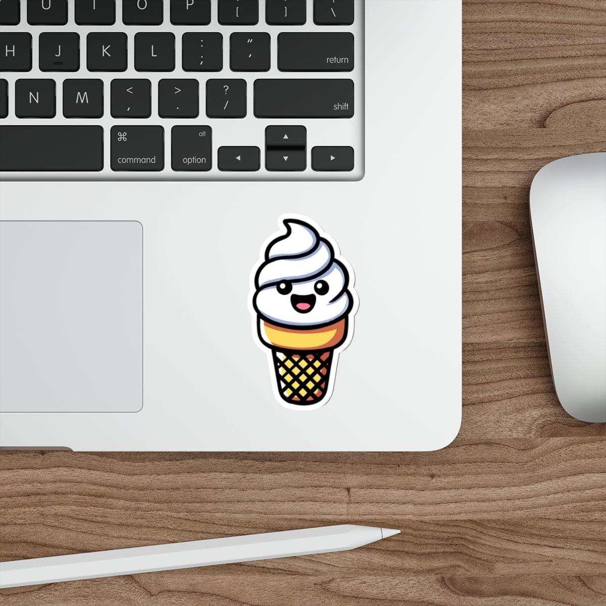 Waterproof Ice Cream Cone Sticker – An adorable waterproof sticker featuring a soft-serve ice cream cone with sprinkles, perfect for summer vibes on any surface. KEOLIX 