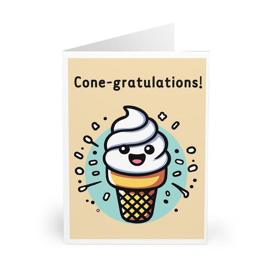 Cute congratulatory card featuring a smiling ice cream cone with the phrase &