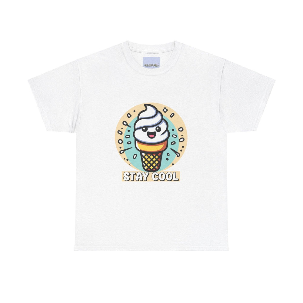 White T-shirt featuring a cute, smiling ice cream cone with the phrase 'Stay Cool.' A cheerful and summer-themed design perfect for anyone who loves ice cream and light-hearted fashion