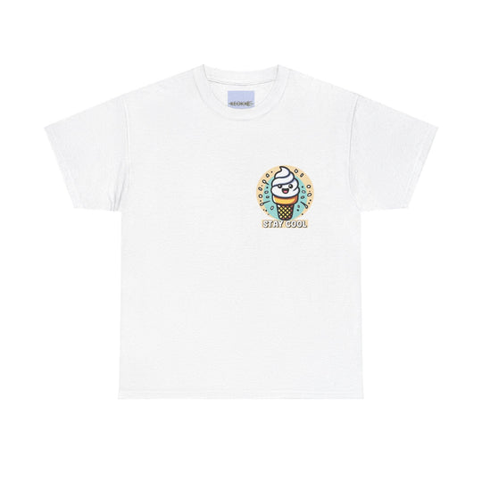 White T-shirt featuring a cute, smiling ice cream cone with the phrase 'Stay Cool.' A cheerful and summer-themed design perfect for anyone who loves ice cream and light-hearted fashion