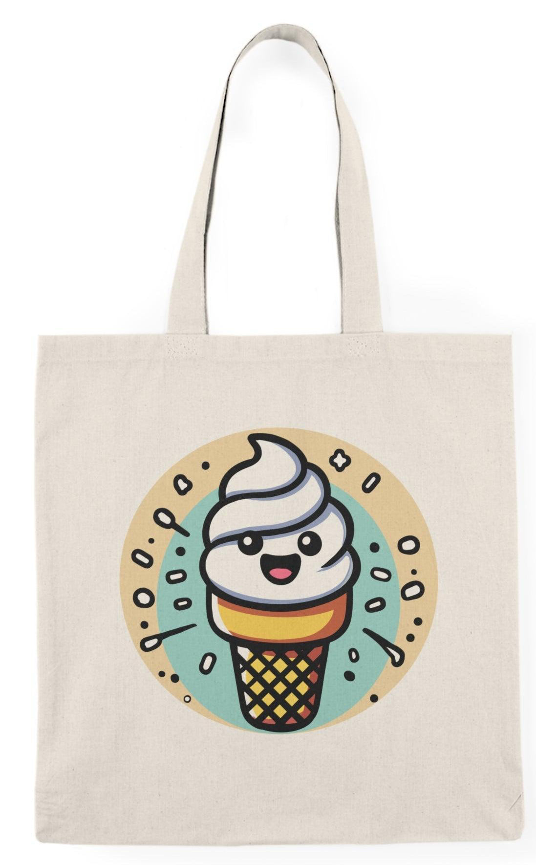 Tote bag featuring a delightful illustration of a cartoon ice cream cone topped with colorful scoops and a cherry. The cheerful design and bright colors evoke a sense of fun and sweetness, making it a perfect accessory for ice cream lovers and a playful addition to everyday outings