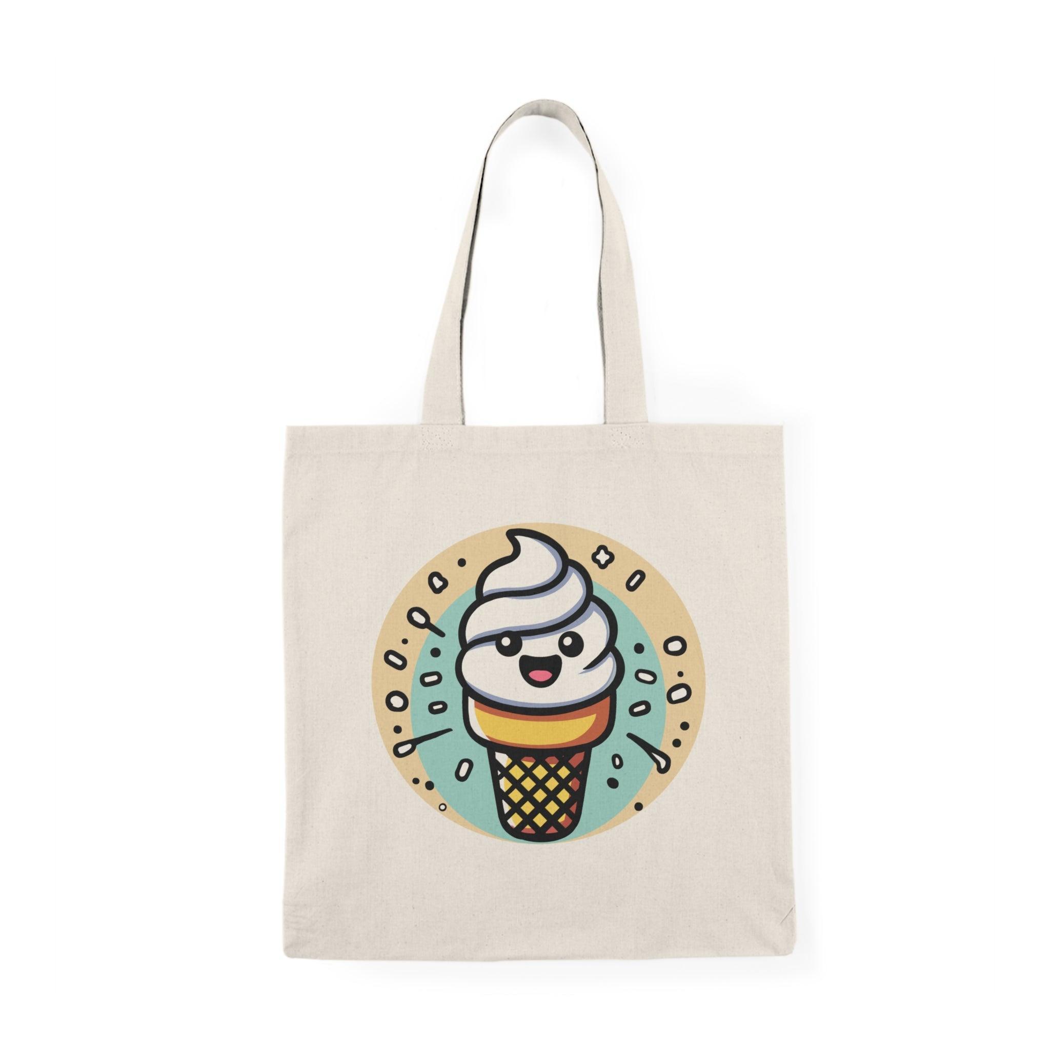 Tote bag featuring a delightful illustration of a cartoon ice cream cone topped with colorful scoops and a cherry. The cheerful design and bright colors evoke a sense of fun and sweetness, making it a perfect accessory for ice cream lovers and a playful addition to everyday outings