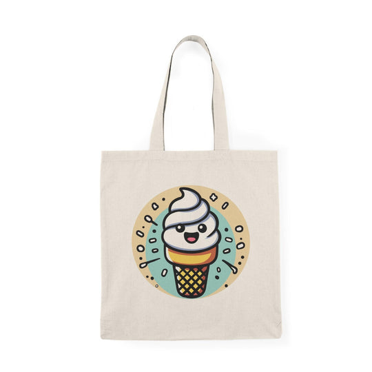 Tote bag featuring a delightful illustration of a cartoon ice cream cone topped with colorful scoops and a cherry. The cheerful design and bright colors evoke a sense of fun and sweetness, making it a perfect accessory for ice cream lovers and a playful addition to everyday outings