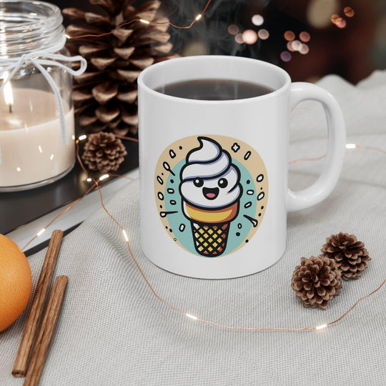 Adorable white ceramic mug featuring a cartoon ice cream cone, perfect for adding a sweet and fun vibe to your coffee or tea time.