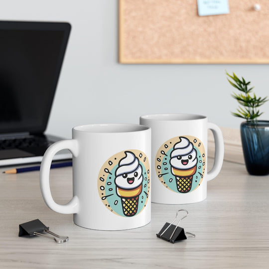 Adorable white ceramic mug featuring a cartoon ice cream cone, perfect for adding a sweet and fun vibe to your coffee or tea time.