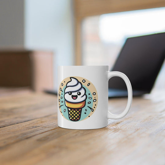 Adorable white ceramic mug featuring a cartoon ice cream cone, perfect for adding a sweet and fun vibe to your coffee or tea time.