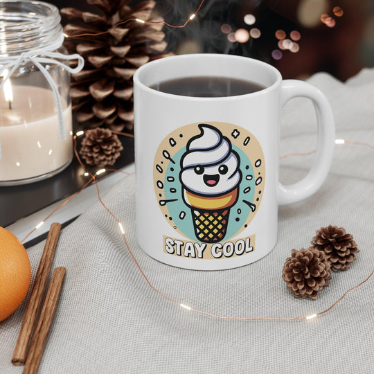 Fun ceramic mug featuring a cute ice cream cone character with sunglasses and the phrase 'Stay Cool.' Perfect for coffee or tea lovers who enjoy a playful touch - Baby Keo