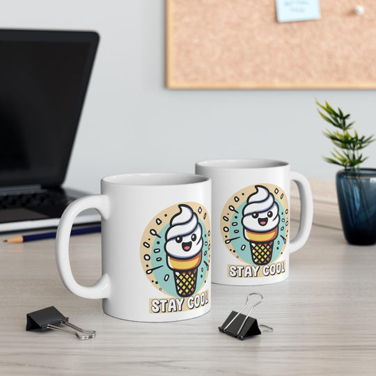 Fun ceramic mug featuring a cute ice cream cone character with sunglasses and the phrase 'Stay Cool.' Perfect for coffee or tea lovers who enjoy a playful touch - Baby Keo