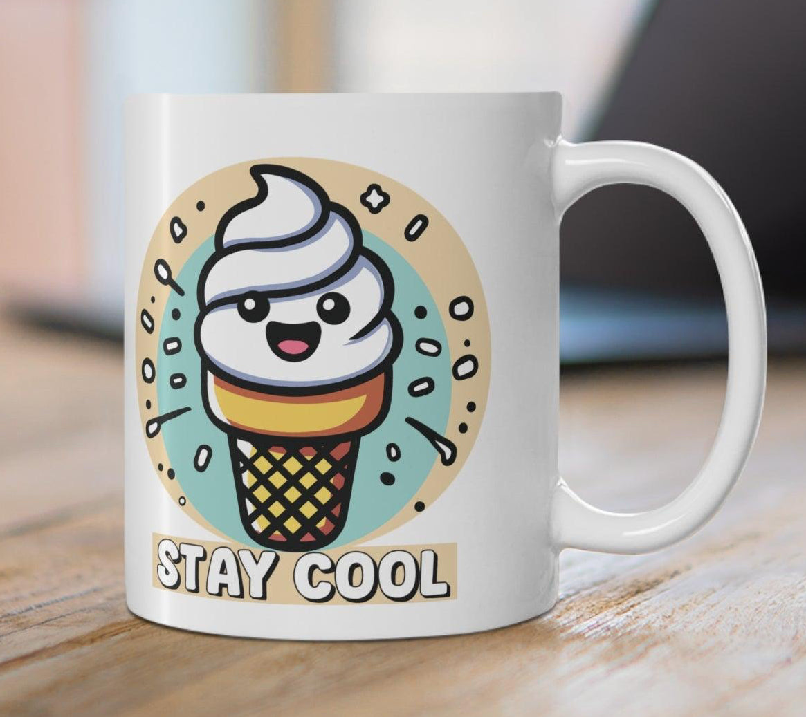 Fun ceramic mug featuring a cute ice cream cone character with sunglasses and the phrase 'Stay Cool.' Perfect for coffee or tea lovers who enjoy a playful touch KEOLIX 
