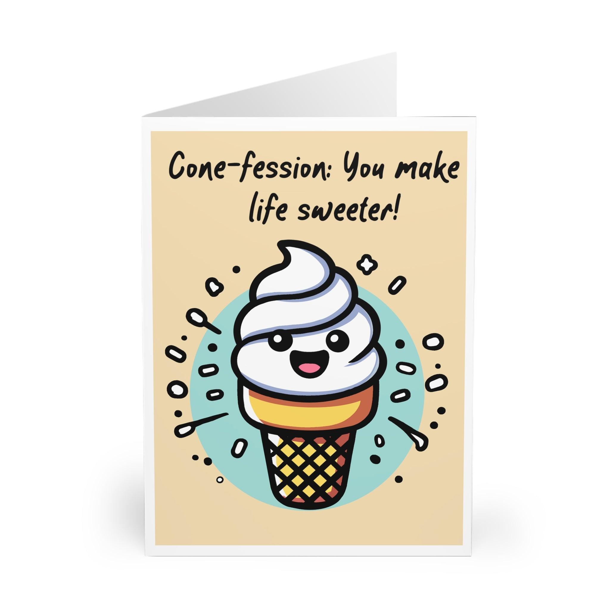 Adorable greeting card featuring a smiling ice cream cone with the phrase 'Cone-fession: You Make Life Sweeter!' Perfect for sending a sweet and fun message to someone special - Baby Keo.