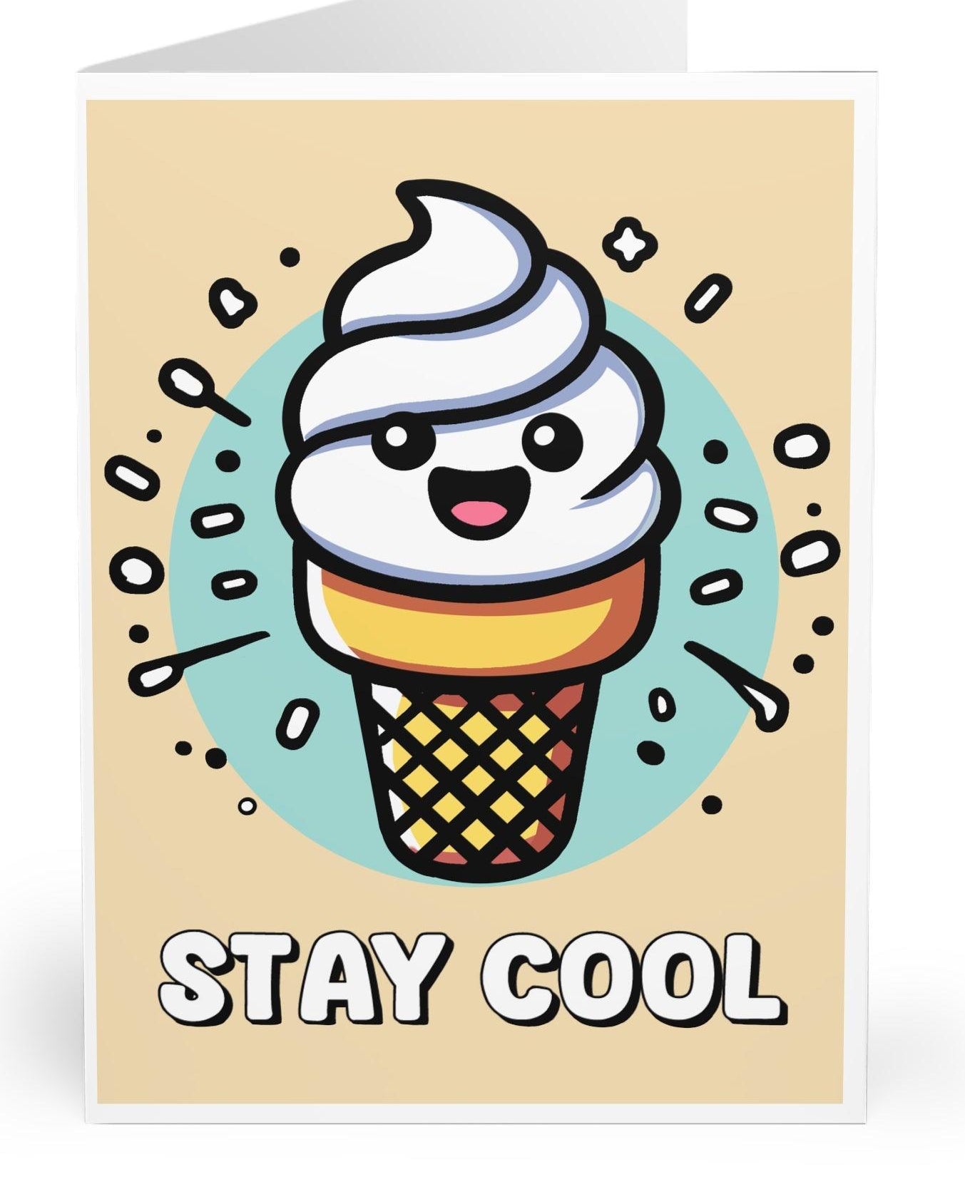 Charming card featuring a smiling ice cream cone with the phrase 'Stay Cool.' A great card for wishing someone well or sending some summer vibes - KEOLIX 