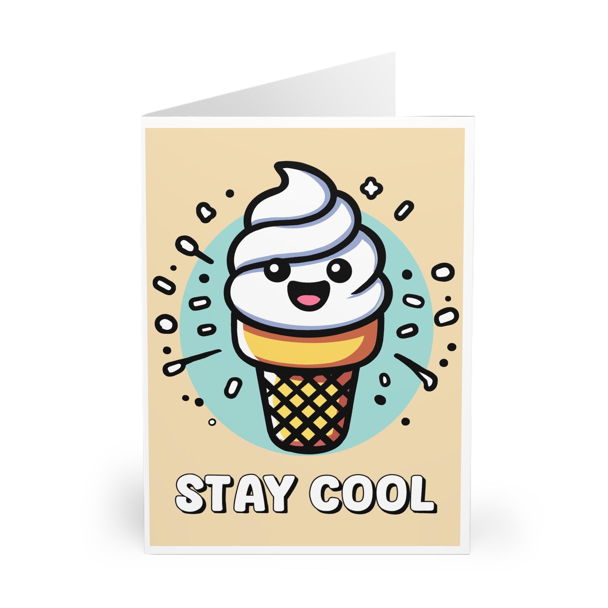 Charming card featuring a smiling ice cream cone with the phrase 'Stay Cool.' A great card for wishing someone well or sending some summer vibes - Baby Keo.