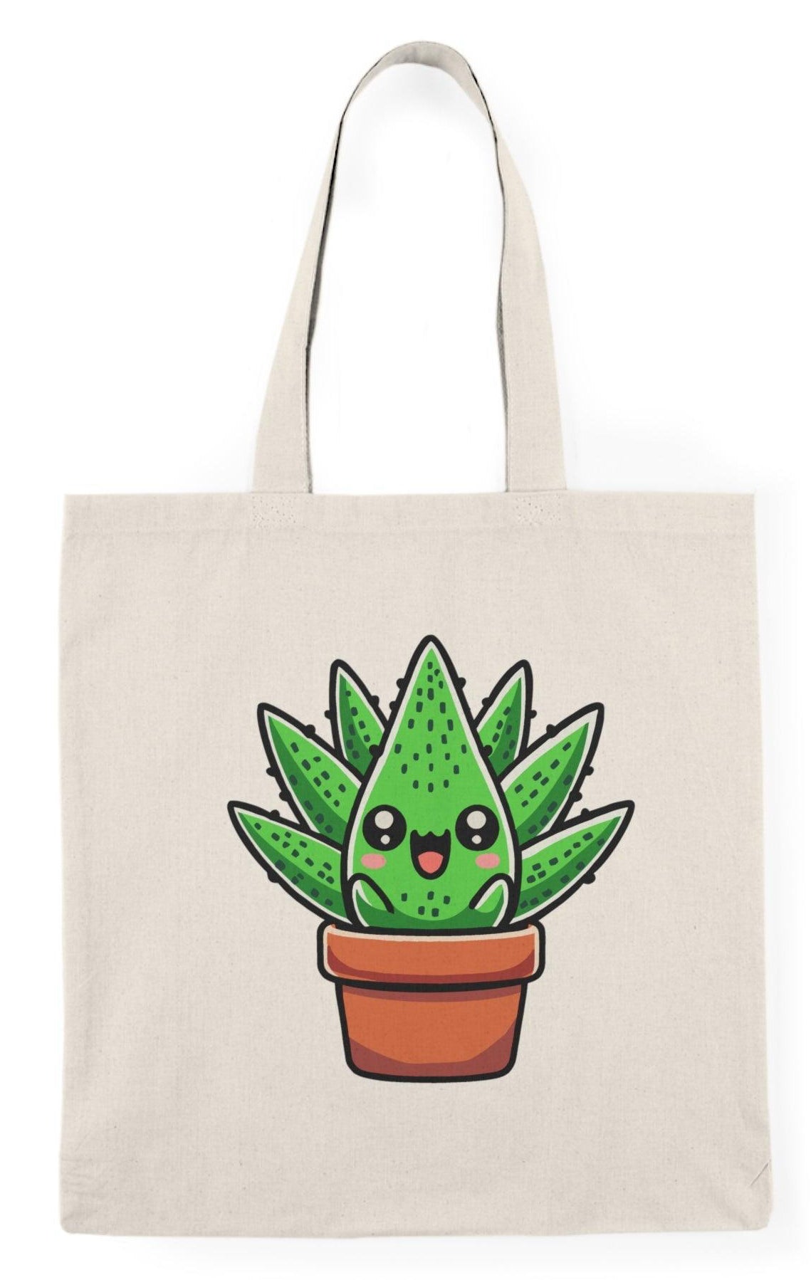Eco-friendly canvas tote bag with a cute cartoon aloe vera plant design. Great for plant lovers and sustainable shopping - KEOLIX 