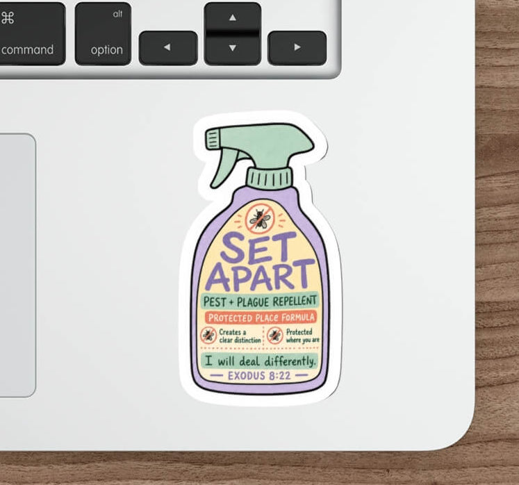 Set Apart Exodus 8:22 Christian sticker designed as a pastel pest and plague repellent spray bottle with Protected Place Formula wording.