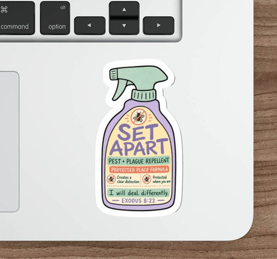 Set Apart Exodus 8:22 Christian sticker designed as a pastel pest and plague repellent spray bottle with Protected Place Formula wording.