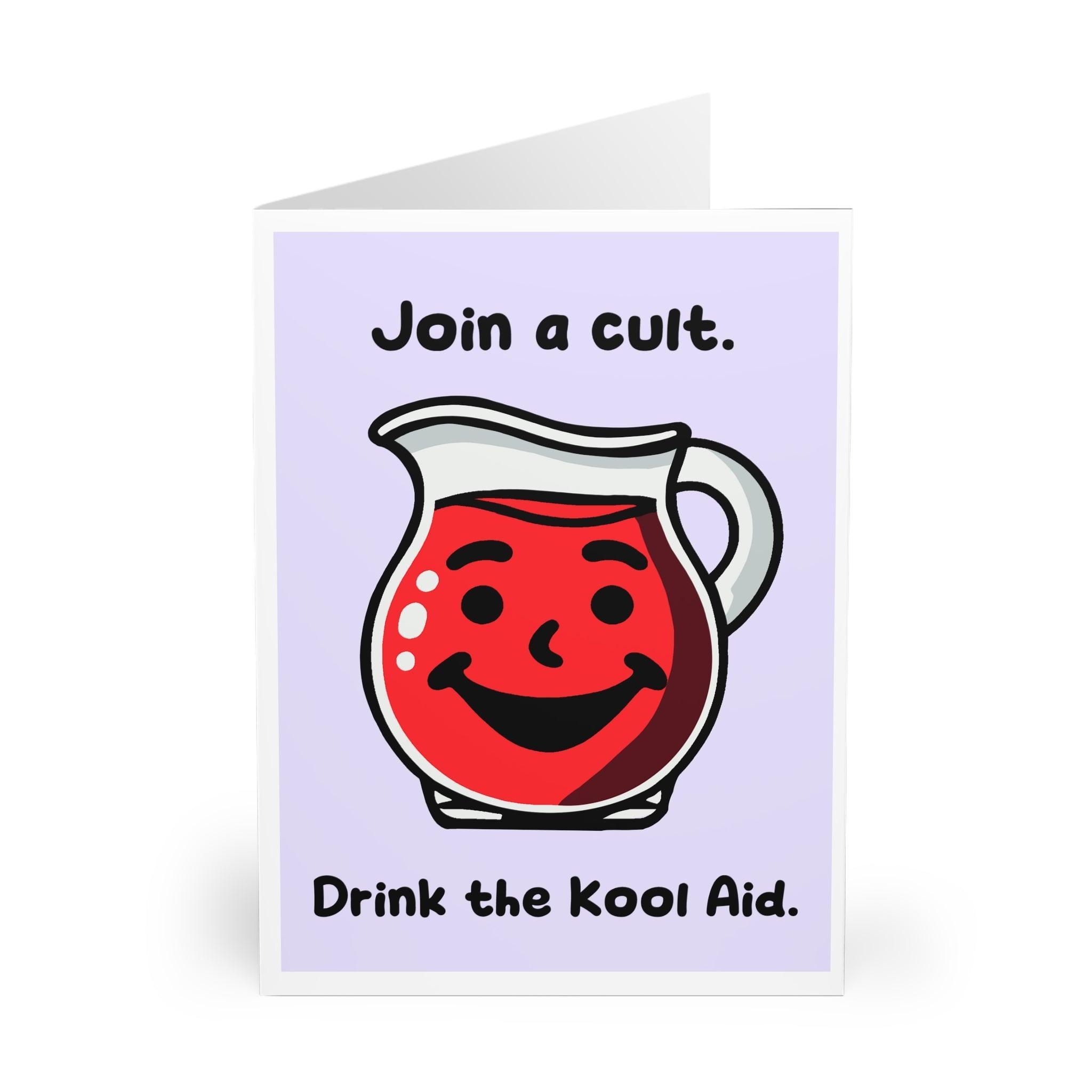 Funny greeting card featuring a Kool-Aid inspired illustration with the phrase 'Join a Cult, Drink the Kool Aid.' Ideal for sending a cheeky and humorous message - Baby Keo