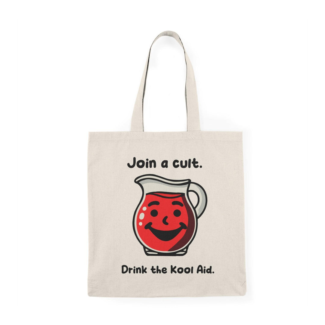 A natural tote bag showcasing a graphic of a Kool-Aid pitcher with the text 'Join a cult, Drink the Kool Aid.' The playful design incorporates a humorous take on cult culture, perfect for those with a quirky sense of style