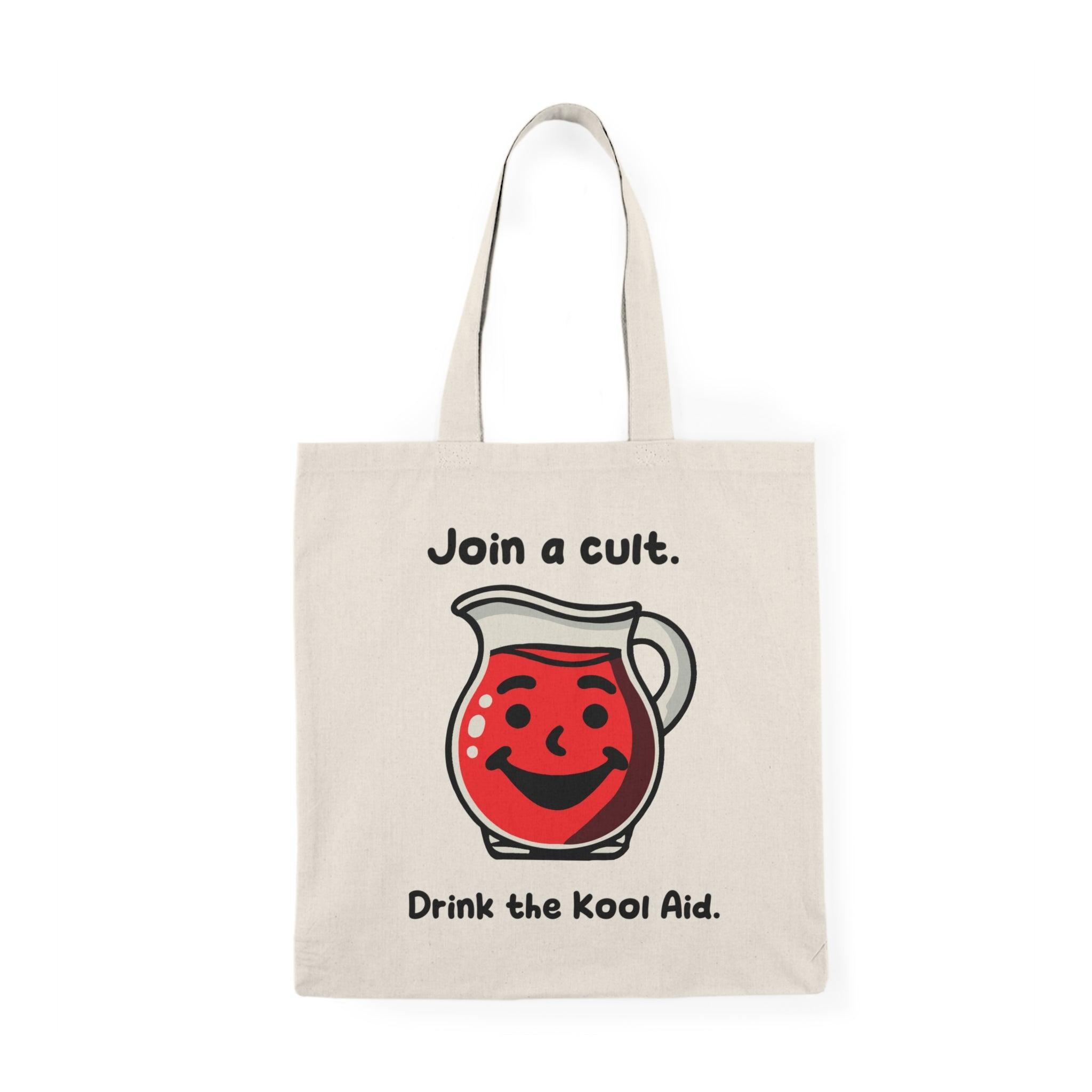 A natural tote bag showcasing a graphic of a Kool-Aid pitcher with the text 'Join a cult, Drink the Kool Aid.' The playful design incorporates a humorous take on cult culture, perfect for those with a quirky sense of style