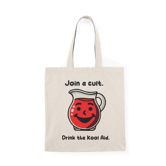 A natural tote bag showcasing a graphic of a Kool-Aid pitcher with the text 'Join a cult, Drink the Kool Aid.' The playful design incorporates a humorous take on cult culture, perfect for those with a quirky sense of style