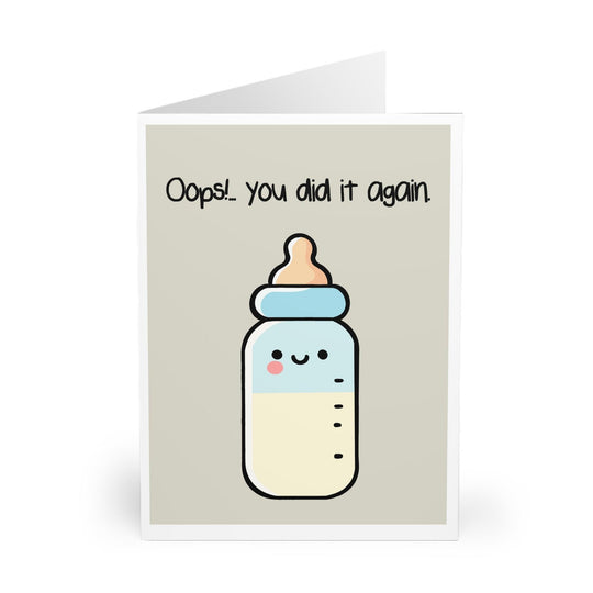 Playful greeting card with a cute baby bottle illustration and the phrase &