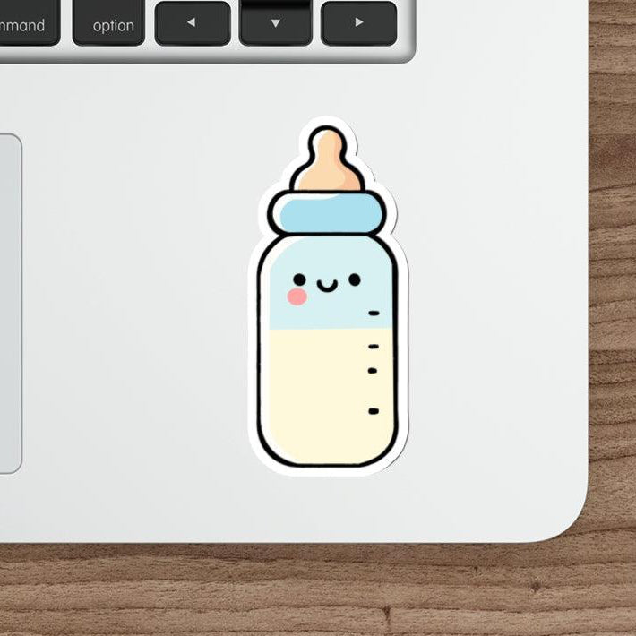A fun waterproof sticker of a baby bottle with a cute face, ideal for baby-themed decorations or personalizing baby items - KEOLIX 