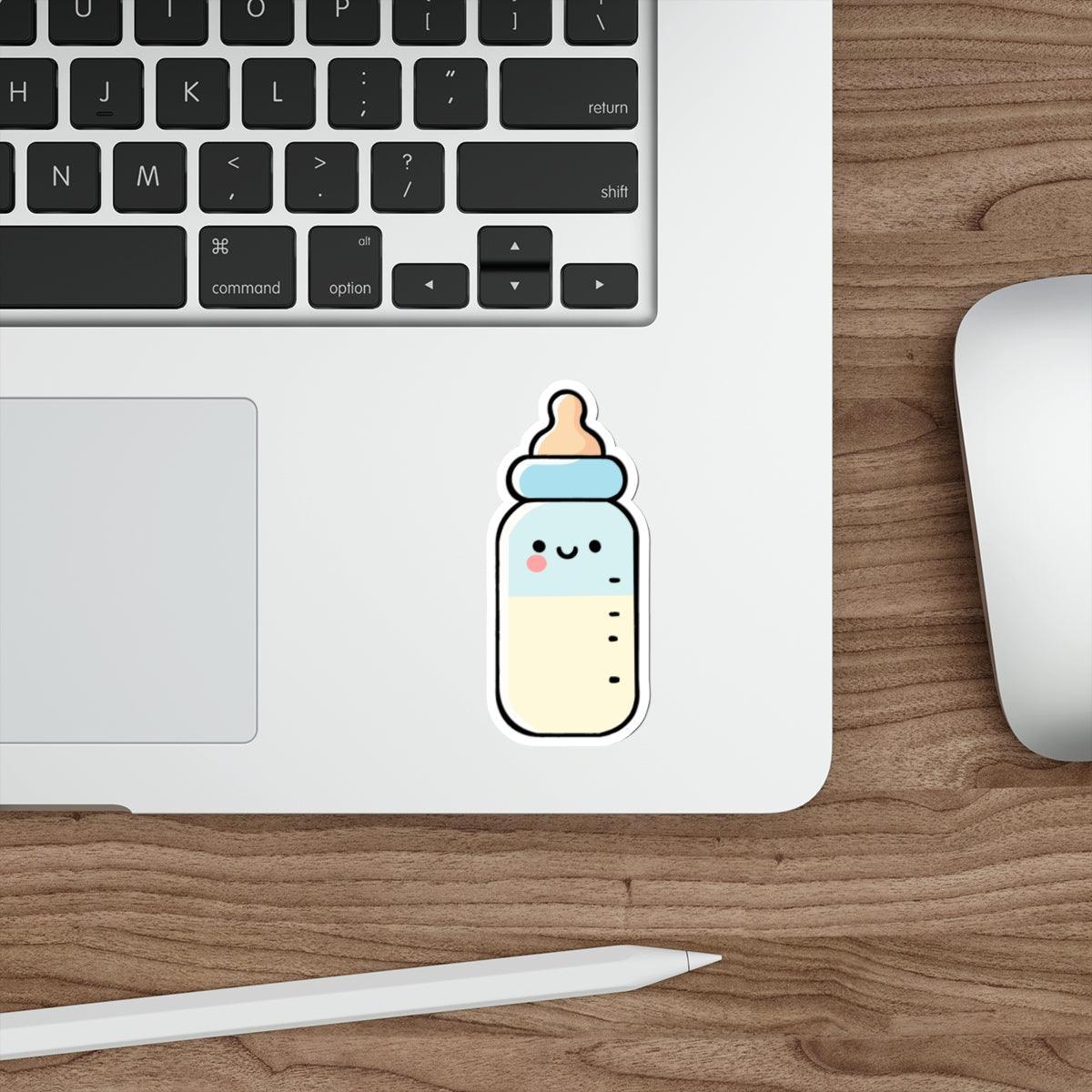 A fun waterproof sticker of a baby bottle with a cute face, ideal for baby-themed decorations or personalizing baby items - KEOLIX 