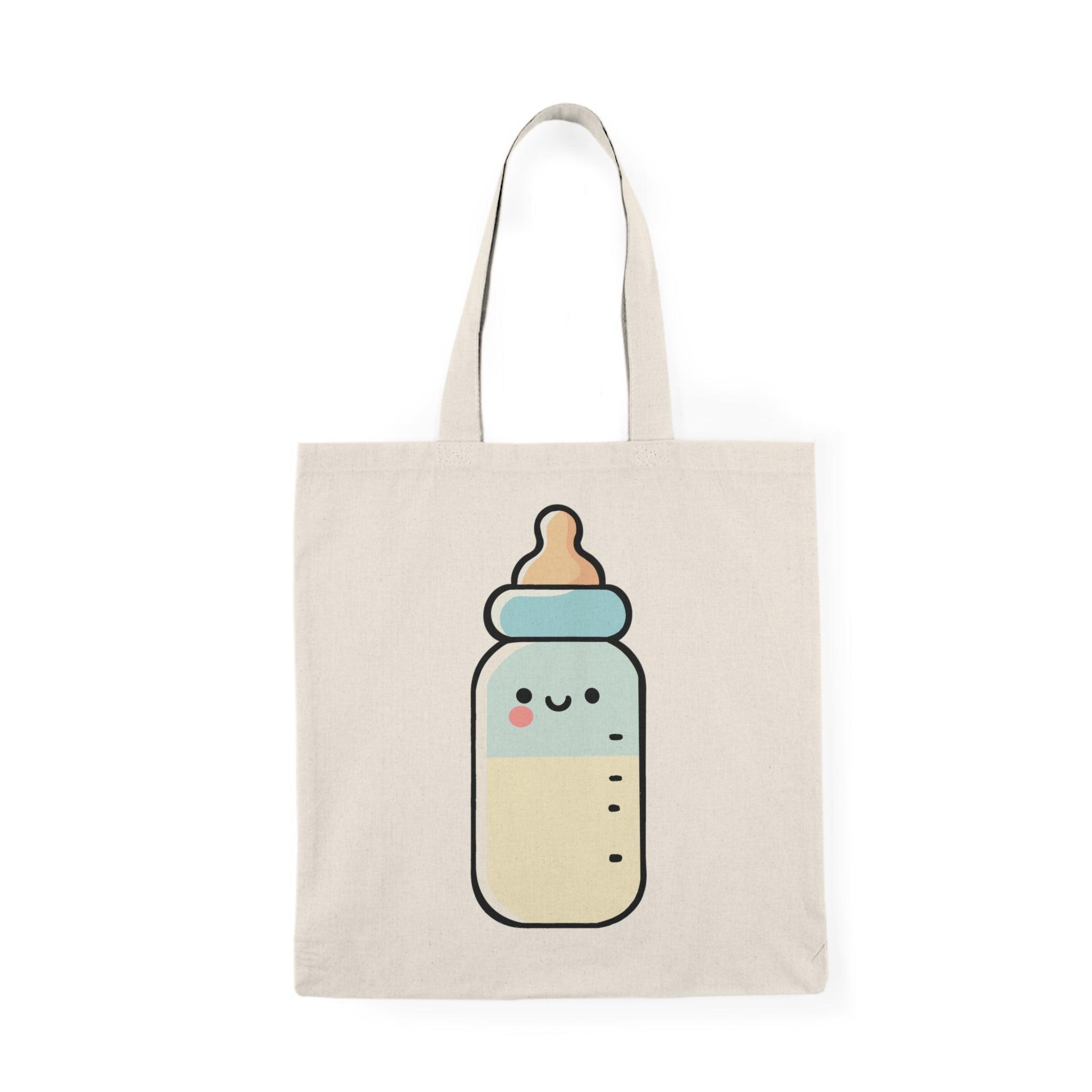 Tote bag featuring a charming illustration of a cute cartoon bottle, adorned with a happy face and playful colors. The whimsical design adds a fun and cheerful touch, making it a perfect accessory for anyone looking to brighten up their everyday style while showcasing their love for fun beverages.