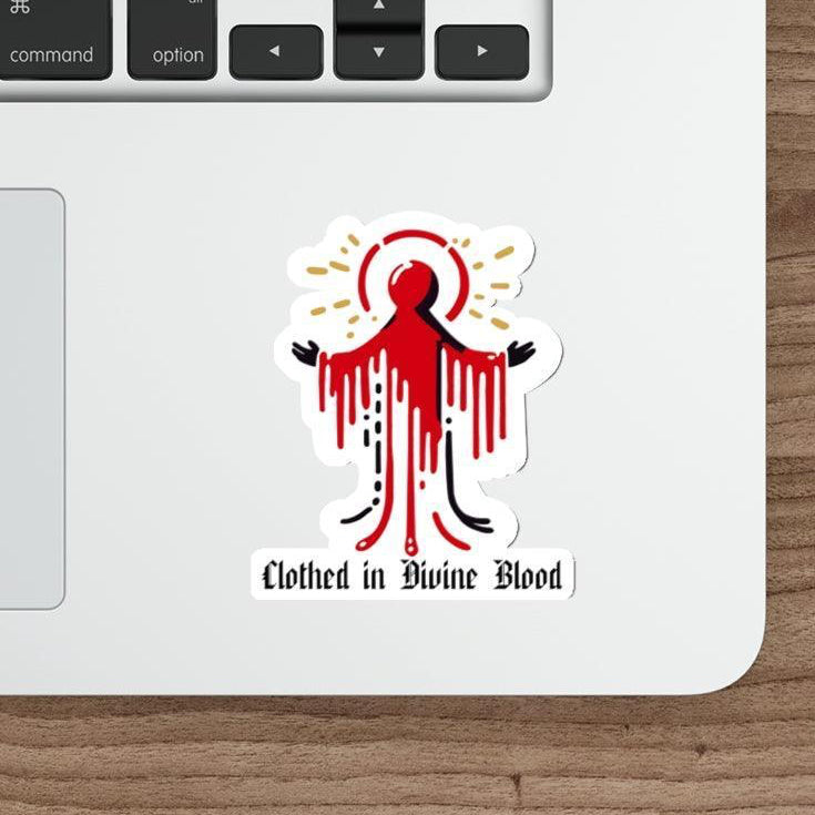 A bold and unique waterproof sticker featuring 'Clothed in Divine Blood' design. Great for those who love striking and symbolic imagery KEOLIX 