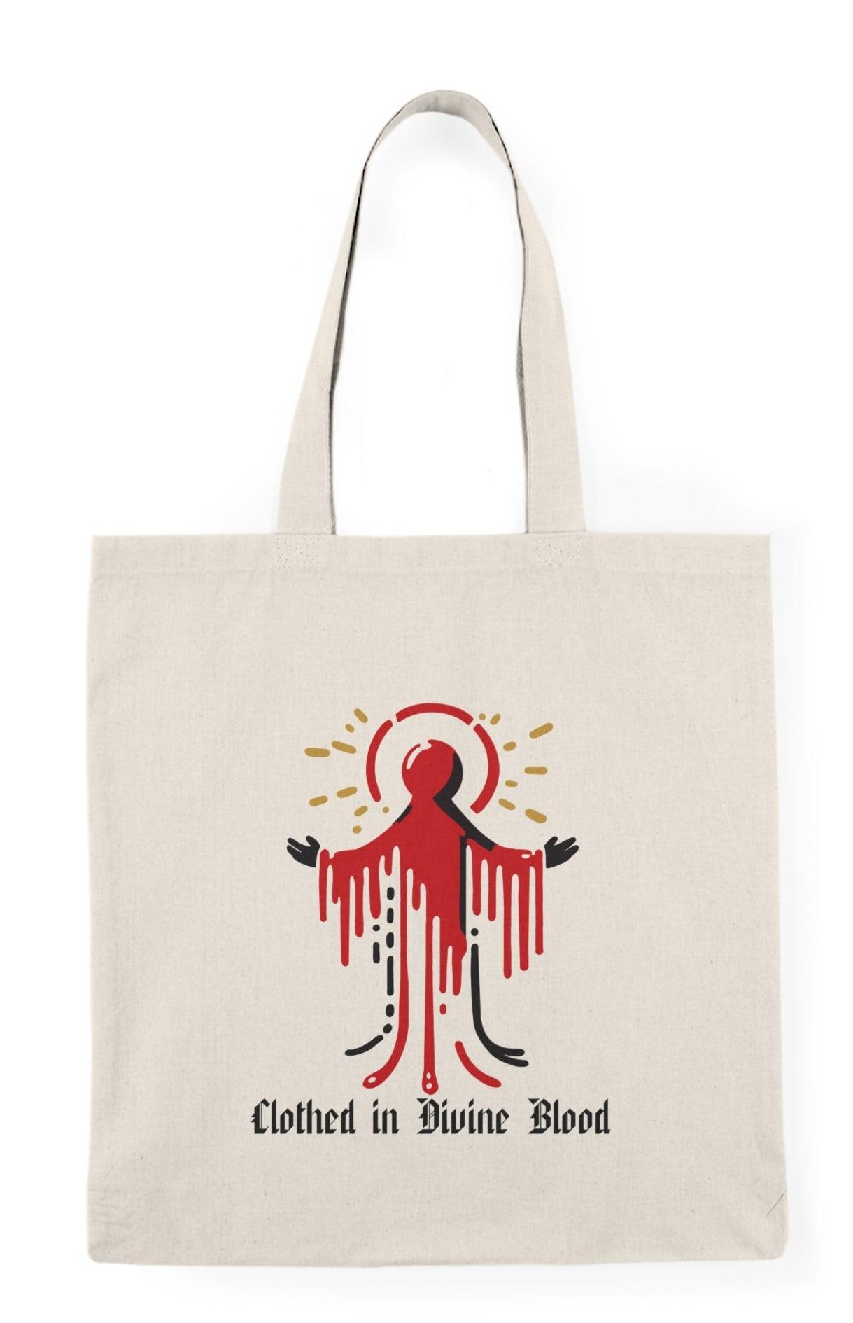 Tote bag featuring a striking design with the phrase 'Clothed in Divine Blood' artistically displayed alongside vivid graphics. The powerful imagery and bold colors convey a message of faith and strength, making it a unique accessory for those who want to express their spirituality with style."

