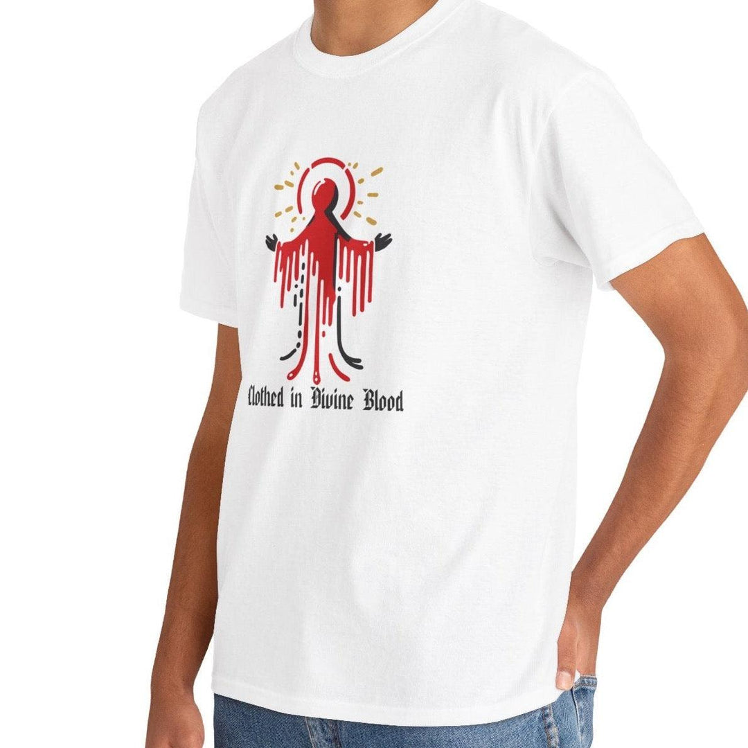 "White unisex T-shirt featuring a striking red religious-inspired design with the words 'Clothed in Divine Blood.' This bold design is perfect for those drawn to powerful spiritual imagery.