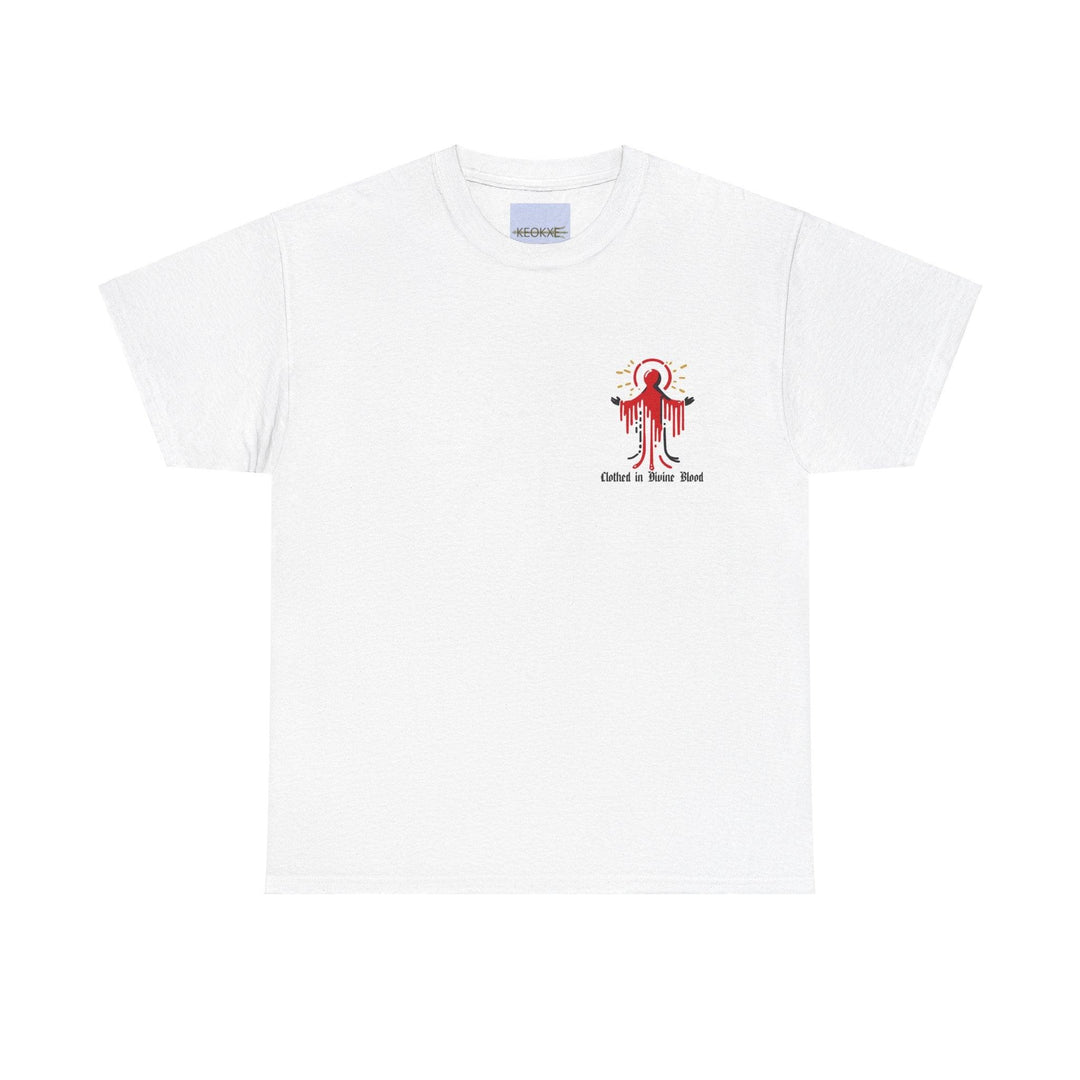 "White unisex T-shirt featuring a striking red religious-inspired design with the words 'Clothed in Divine Blood.' This bold design is perfect for those drawn to powerful spiritual imagery.