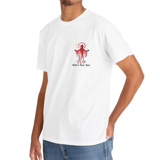 "White unisex T-shirt featuring a striking red religious-inspired design with the words 'Clothed in Divine Blood.' This bold design is perfect for those drawn to powerful spiritual imagery.