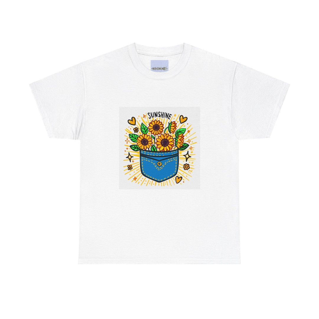 White T-shirt with a colorful illustration of a pocket full of sunflowers and the phrase 'Pocket Full of Sunshine.' A bright and uplifting design for nature lovers and optimists