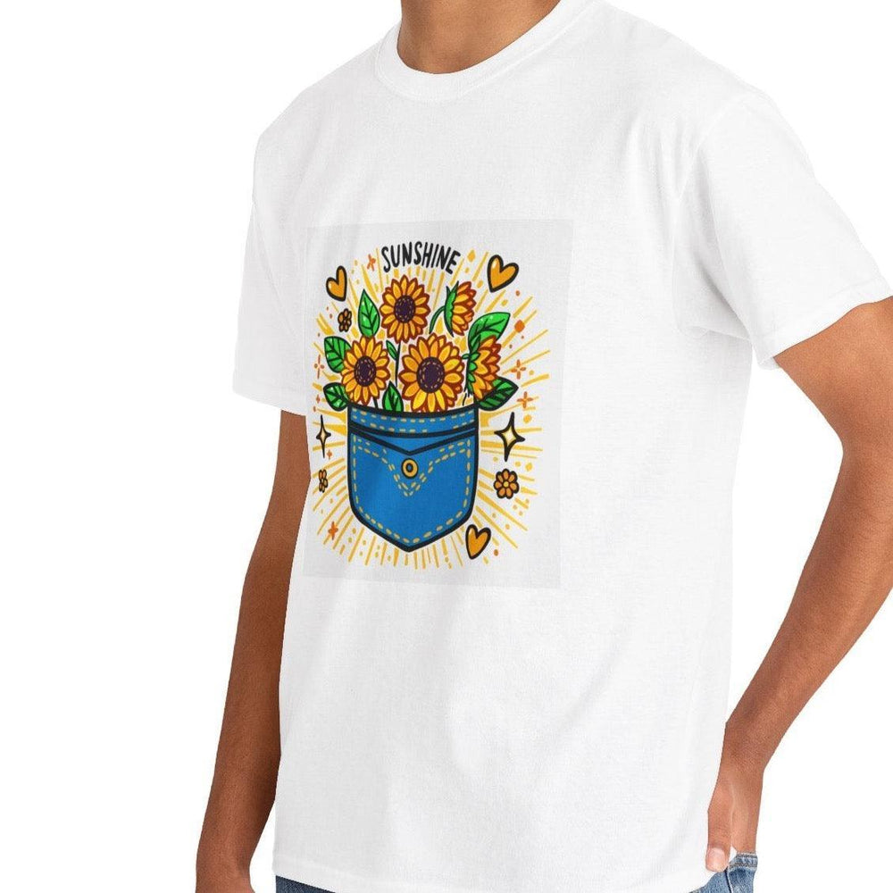White T-shirt with a colorful illustration of a pocket full of sunflowers and the phrase 'Pocket Full of Sunshine.' A bright and uplifting design for nature lovers and optimists
