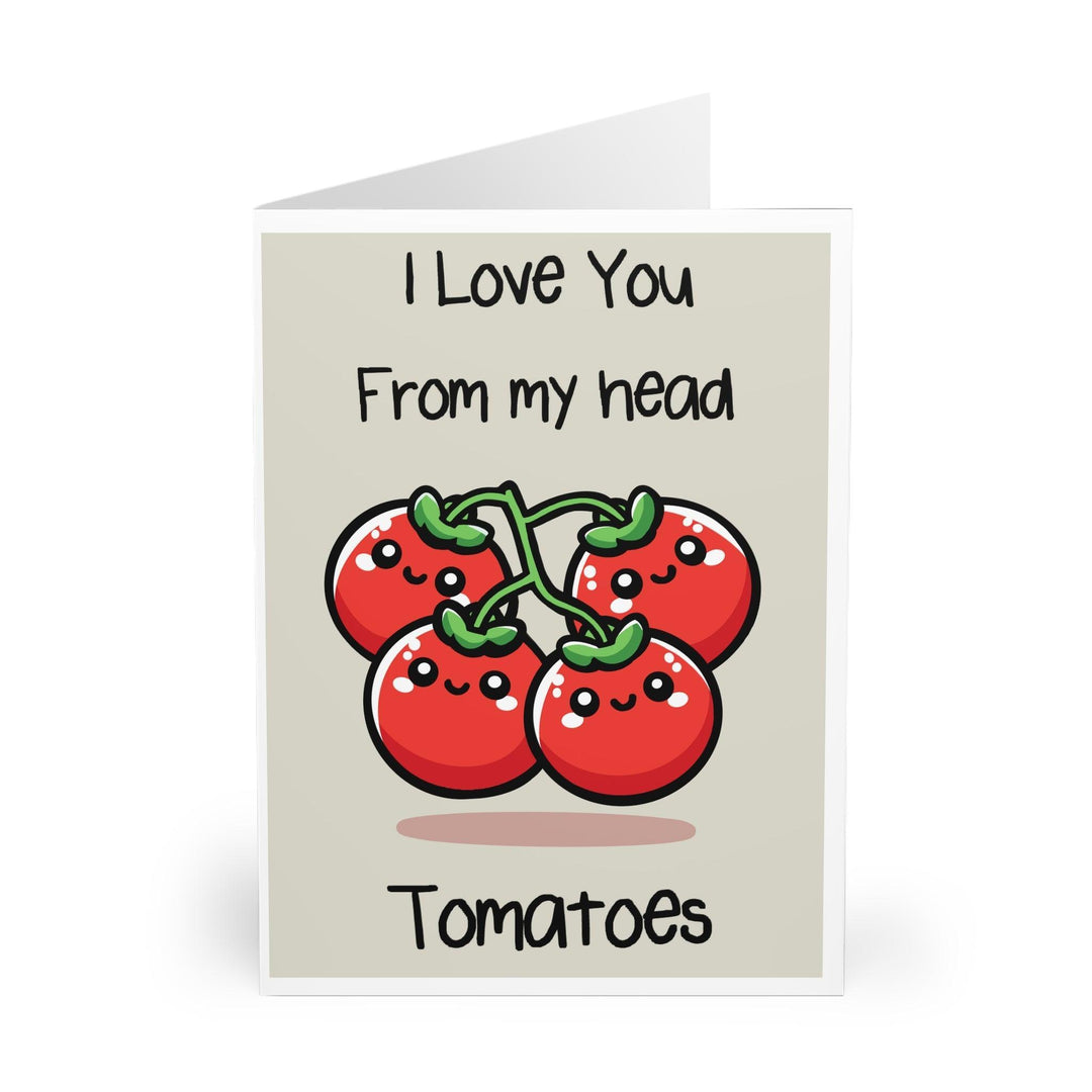 Cute pun-filled card featuring tomatoes with the phrase 'I Love You From My Head Tomatoes.' A perfect card for food lovers or sending a playful romantic message - Baby Keo.