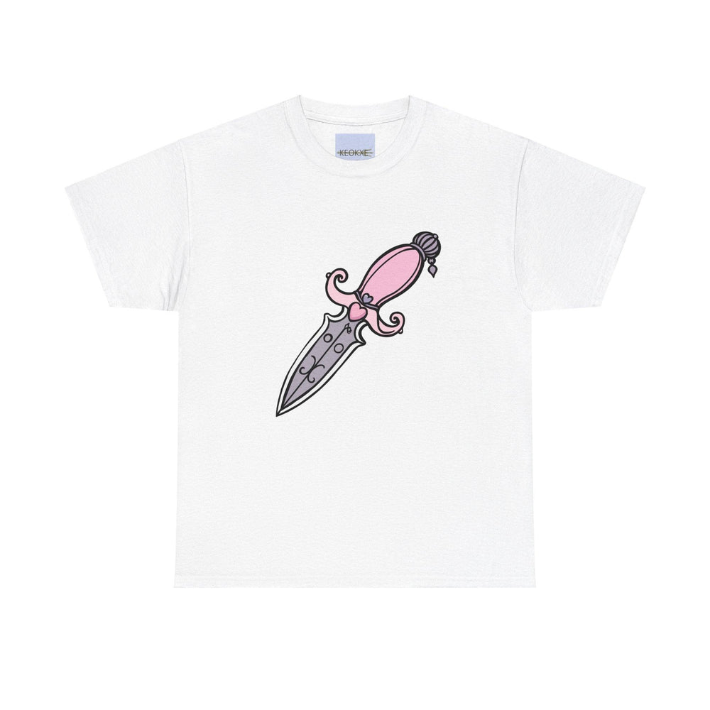 White unisex T-shirt featuring a pink dagger illustration with intricate detailing. A bold and edgy design for fans of vintage weaponry and statement fashion."

