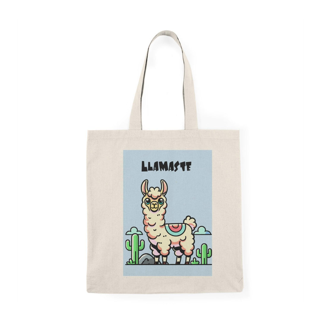 A natural tote bag featuring a whimsical illustration of a llama doing yoga with the text 'Llamaste' in bold letters. The lighthearted design merges fitness with humor, making it a great accessory for yoga lovers or anyone looking to add a bit of fun to their collection