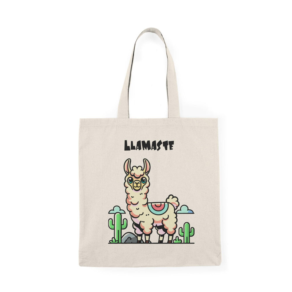 A natural tote bag featuring a whimsical illustration of a llama doing yoga with the text 'Llamaste' in bold letters. The lighthearted design merges fitness with humor, making it a great accessory for yoga lovers or anyone looking to add a bit of fun to their collection