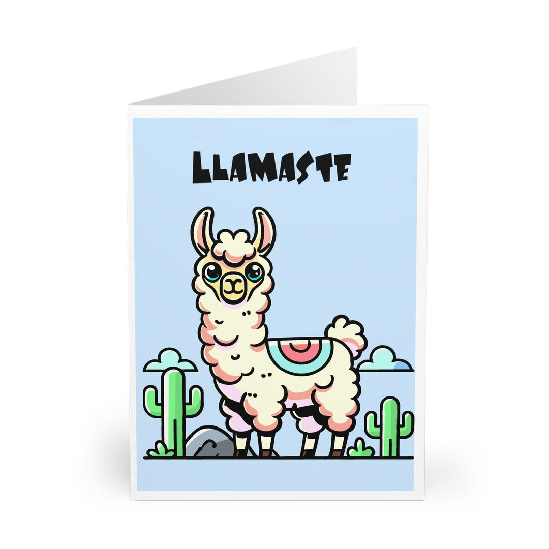 Relaxed greeting card featuring a calm llama in a yoga pose with the phrase 'Llamaste.' Perfect for sending a peaceful and fun message to someone special - Baby Keo