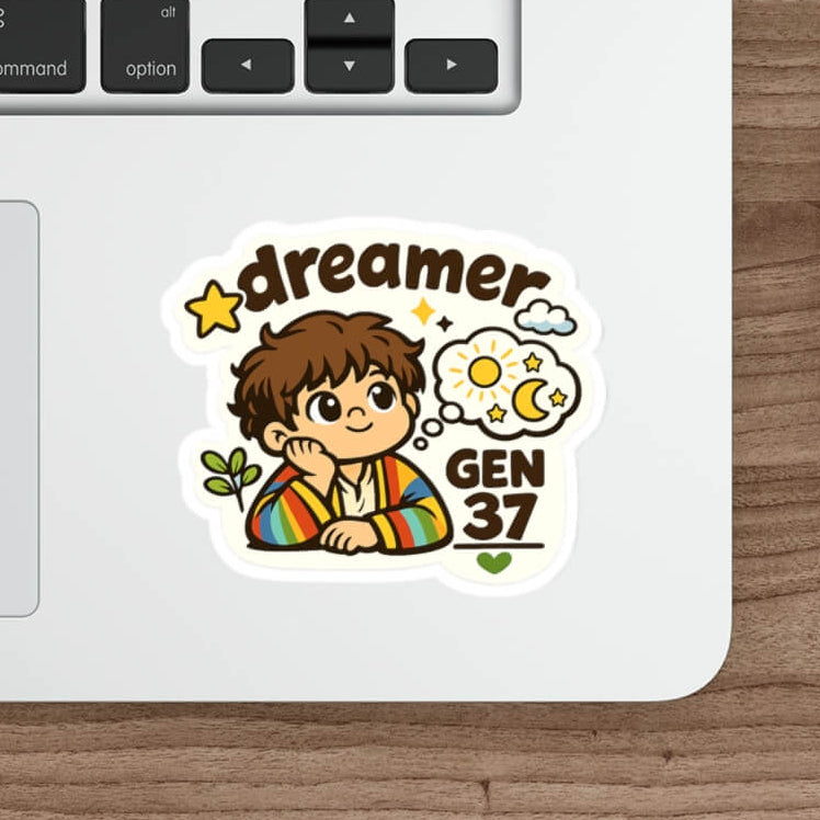 Cute Genesis 37 Christian sticker featuring Joseph the Dreamer wearing his colourful coat with stars, sun and moon dream symbols and the words Dreamer Gen 37.