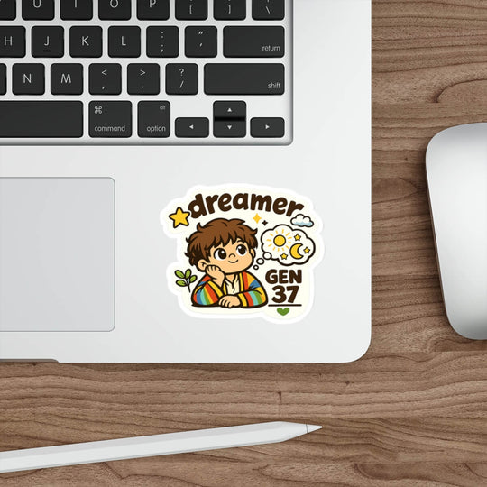 Cute Genesis 37 Christian sticker featuring Joseph the Dreamer wearing his colourful coat with stars, sun and moon dream symbols and the words Dreamer Gen 37.