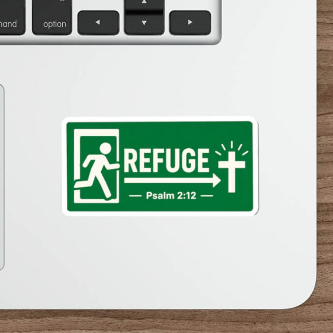 Modern green Psalm 2:12 Christian sticker designed like an emergency exit sign featuring the word Refuge with an arrow pointing toward a glowing cross.