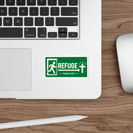 Modern green Psalm 2:12 Christian sticker designed like an emergency exit sign featuring the word Refuge with an arrow pointing toward a glowing cross.