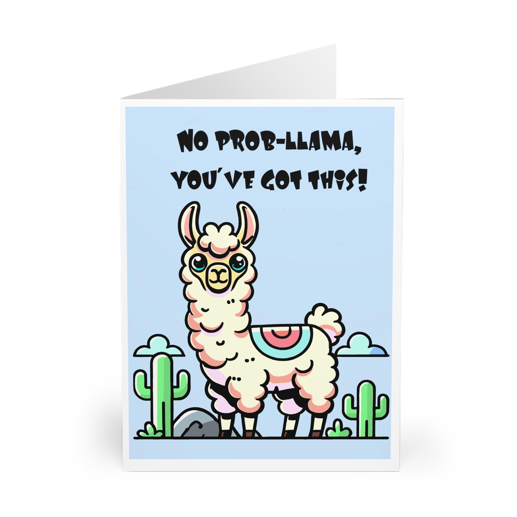 Encouraging greeting card featuring a cute llama with the phrase 'No Prob-Llama, You Got This!' Perfect for sending support and positivity - Baby Keo