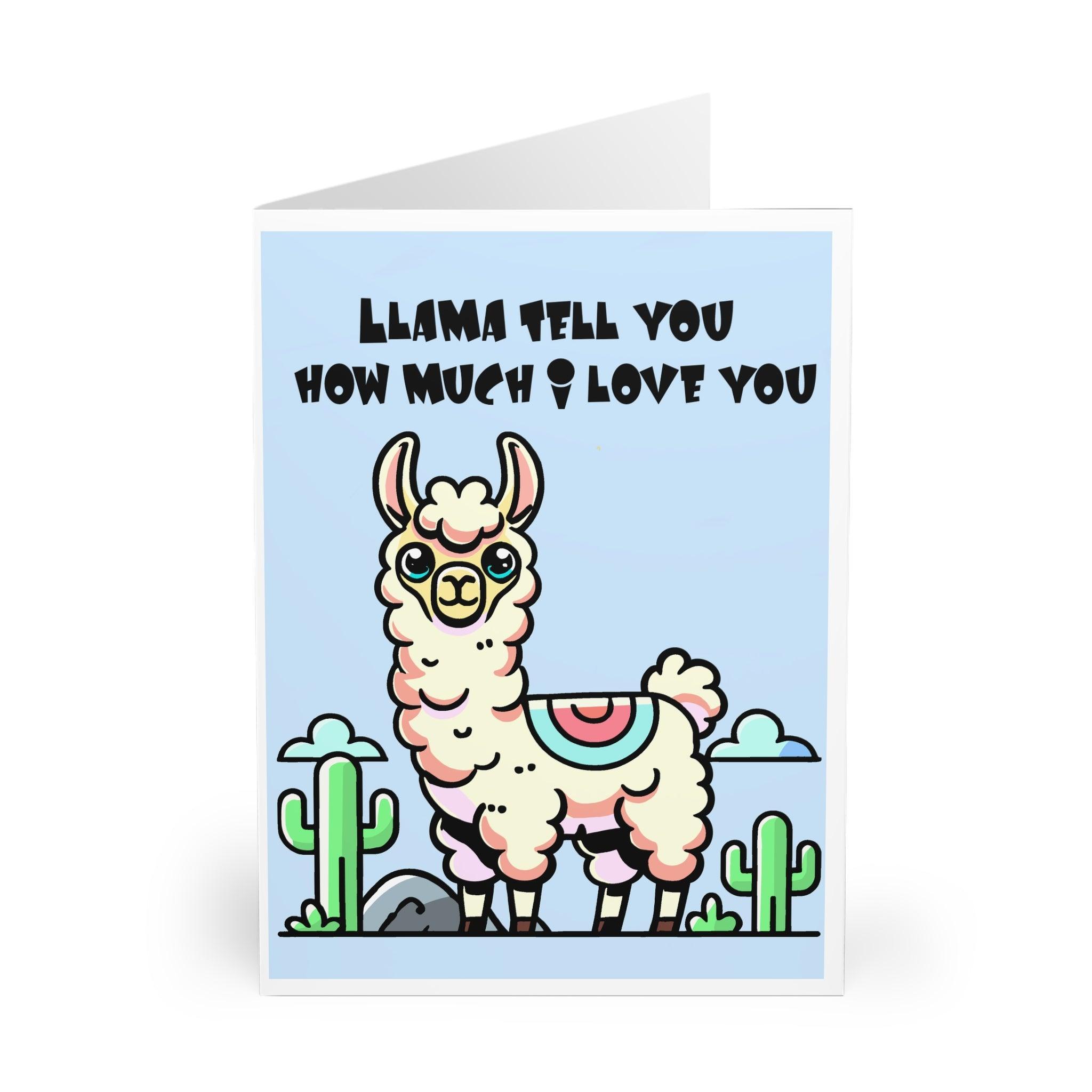 Playful greeting card with a smiling llama and the phrase 'Llama Tell You About How Much I Love You.' A fun way to express affection with a cute animal pun - Baby Keo