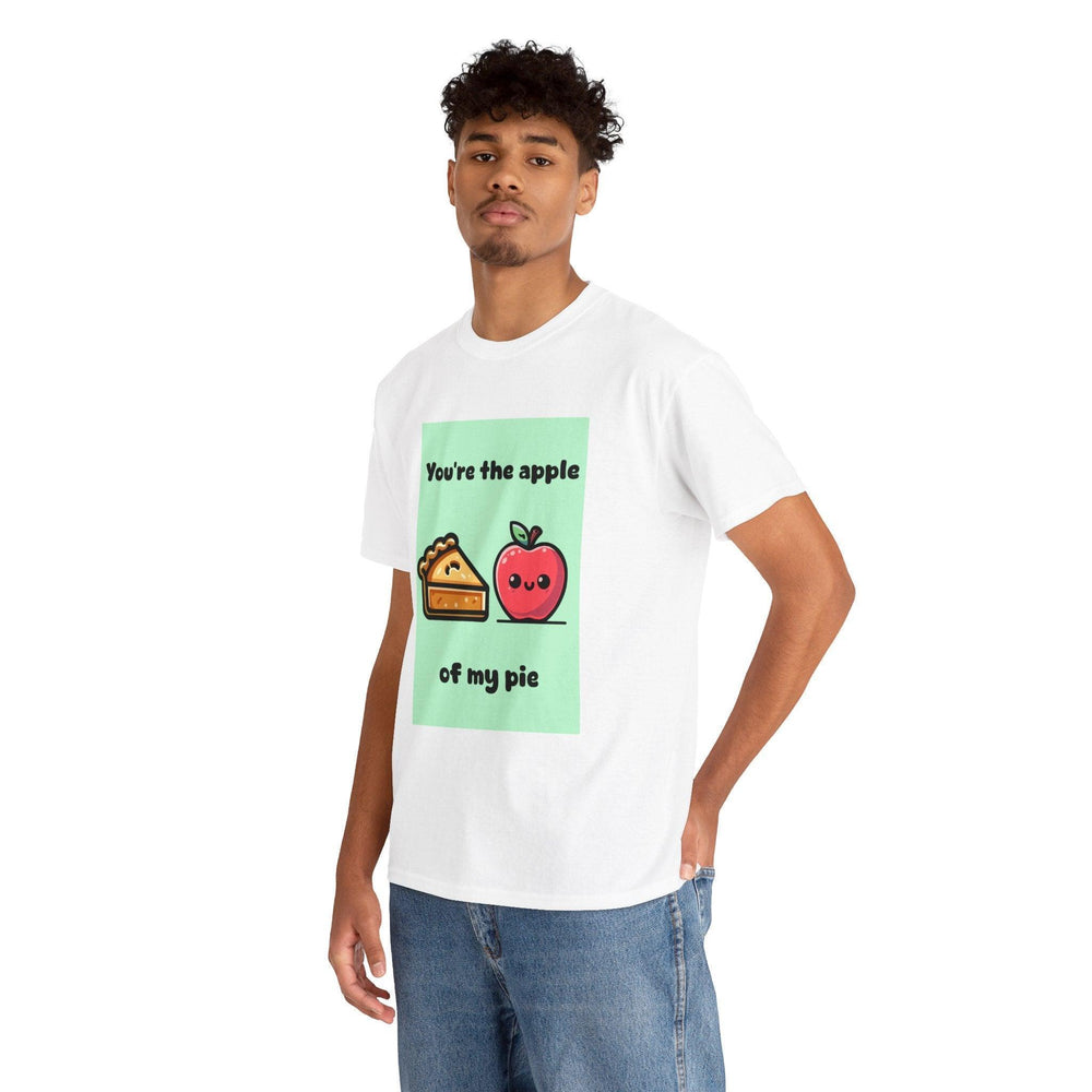 White T-shirt featuring a cartoon apple and pie with the phrase 'You're the Apple of My Pie.' A cute and punny design, great for showing appreciation to someone special.