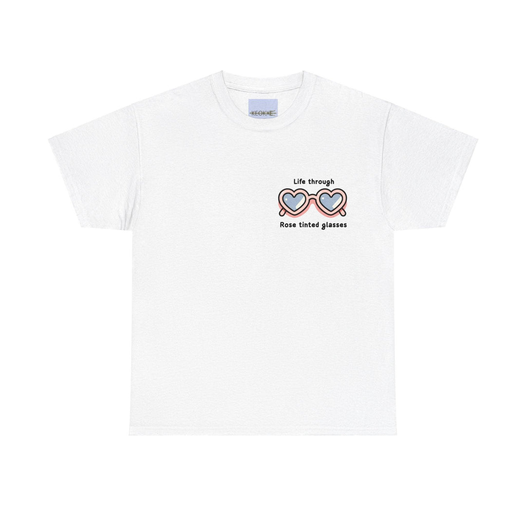 White T-shirt featuring heart-shaped sunglasses with the phrase 'Life Through Rose-Tinted Glasses.' A cute and whimsical design promoting a positive outlook on life."