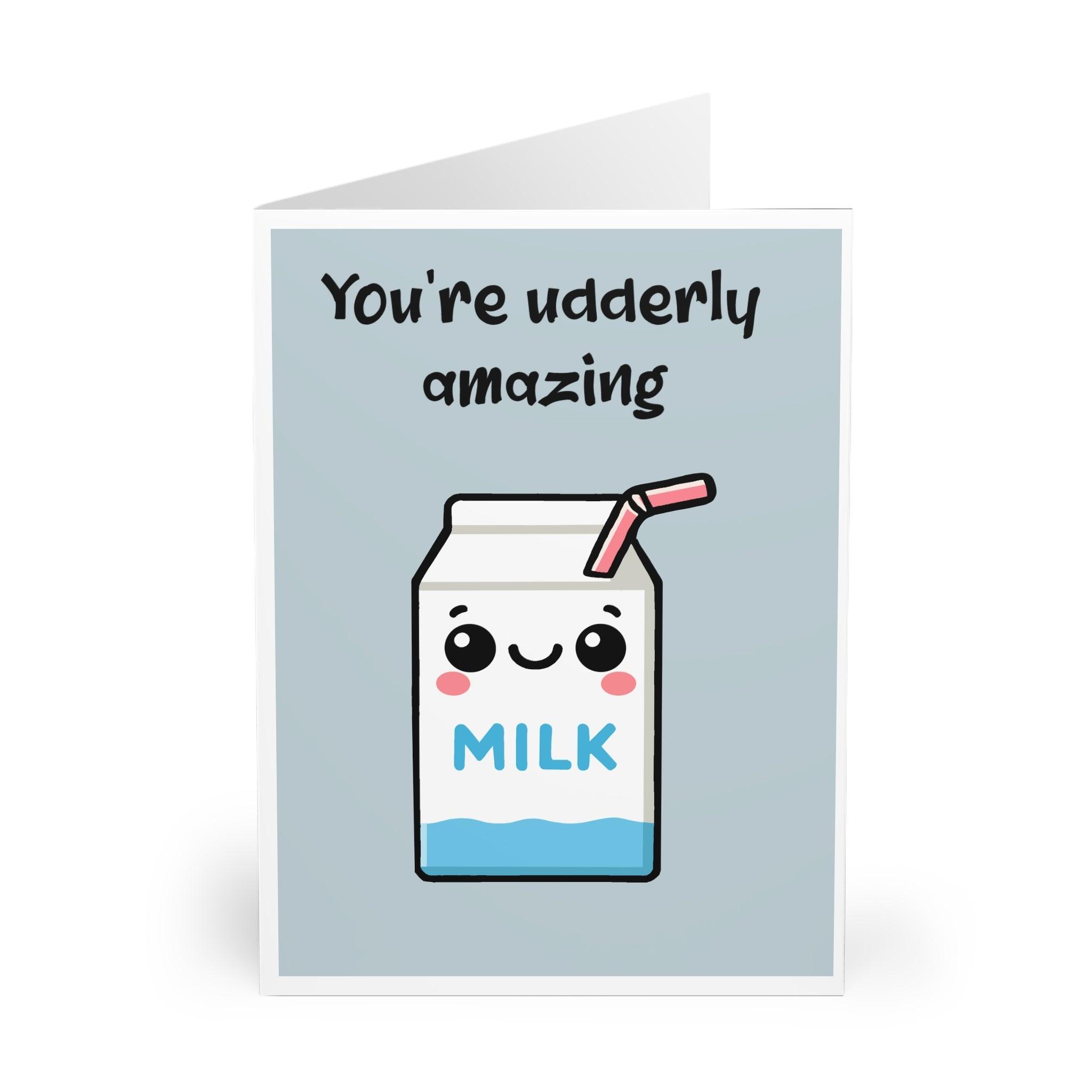 Adorable milk carton illustration with the phrase 'You’re Udderly Amazing.' A fun and punny way to compliment someone special - Baby Keo