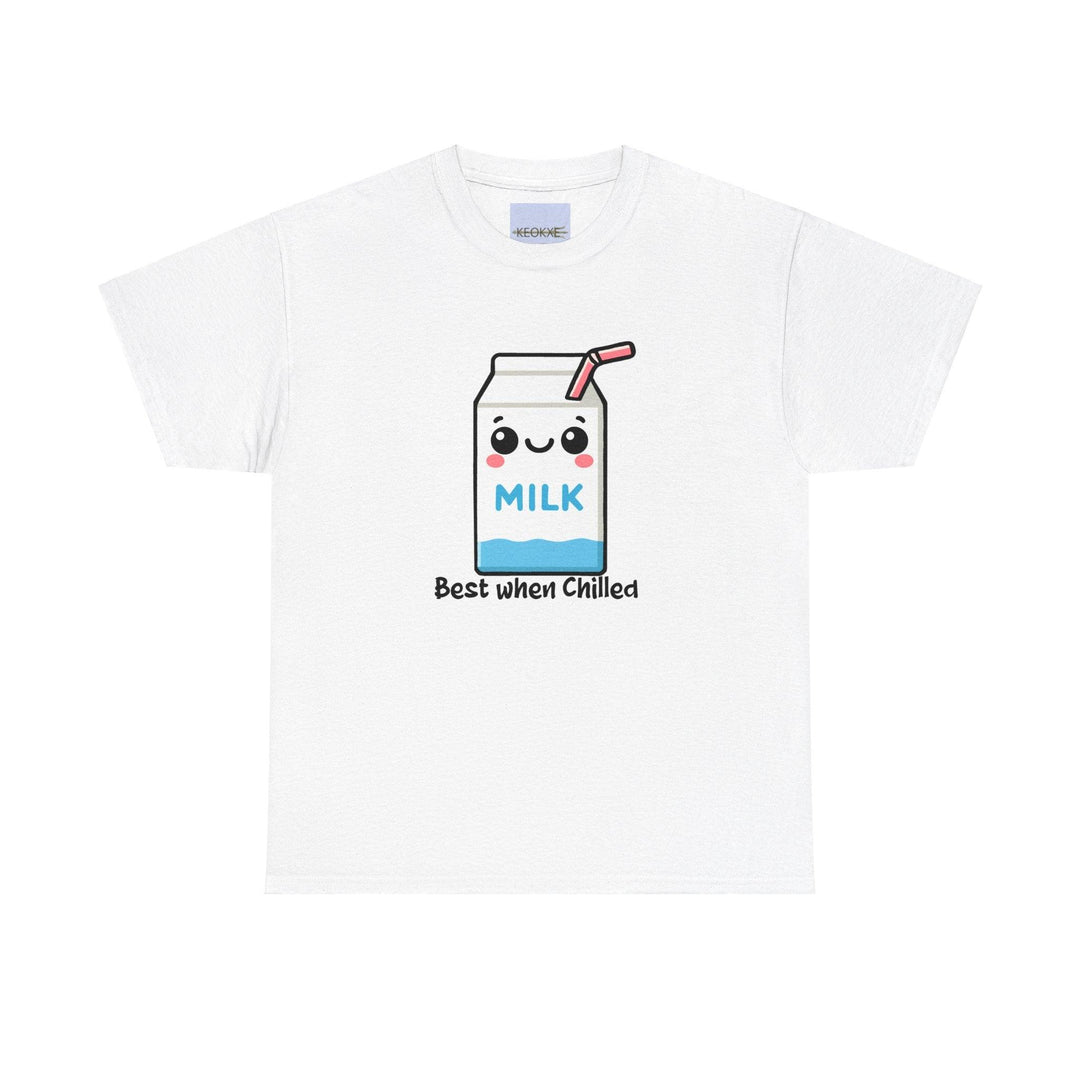 "White T-shirt featuring a cute illustration of a cartoon milk carton with the phrase 'Best When Chilled.' Made from 100% recycled cotton, this fun and eco-friendly tee promotes a relaxed and cool vibe."

