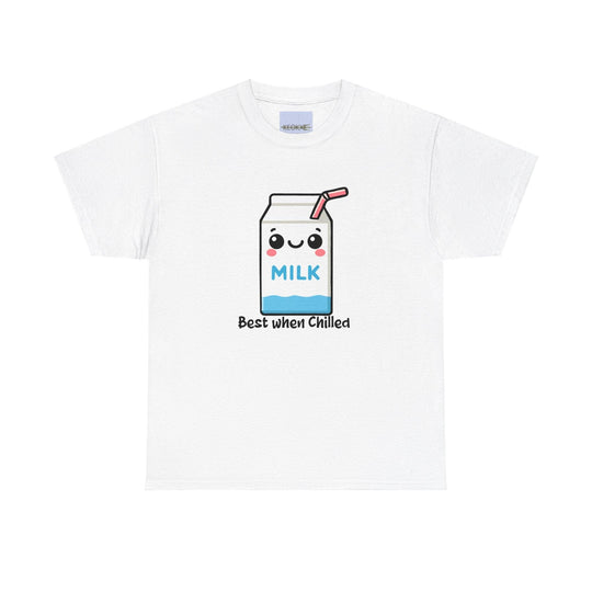 "White T-shirt featuring a cute illustration of a cartoon milk carton with the phrase 'Best When Chilled.' Made from 100% recycled cotton, this fun and eco-friendly tee promotes a relaxed and cool vibe."

